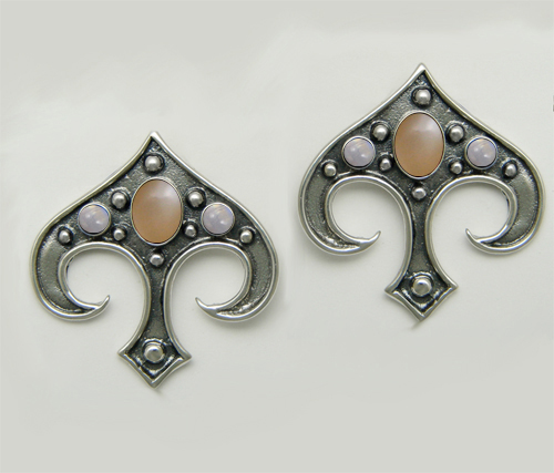 Sterling Silver Gothic Inspired Drop Dangle Earrings With Peach And Rainbow Moonstones